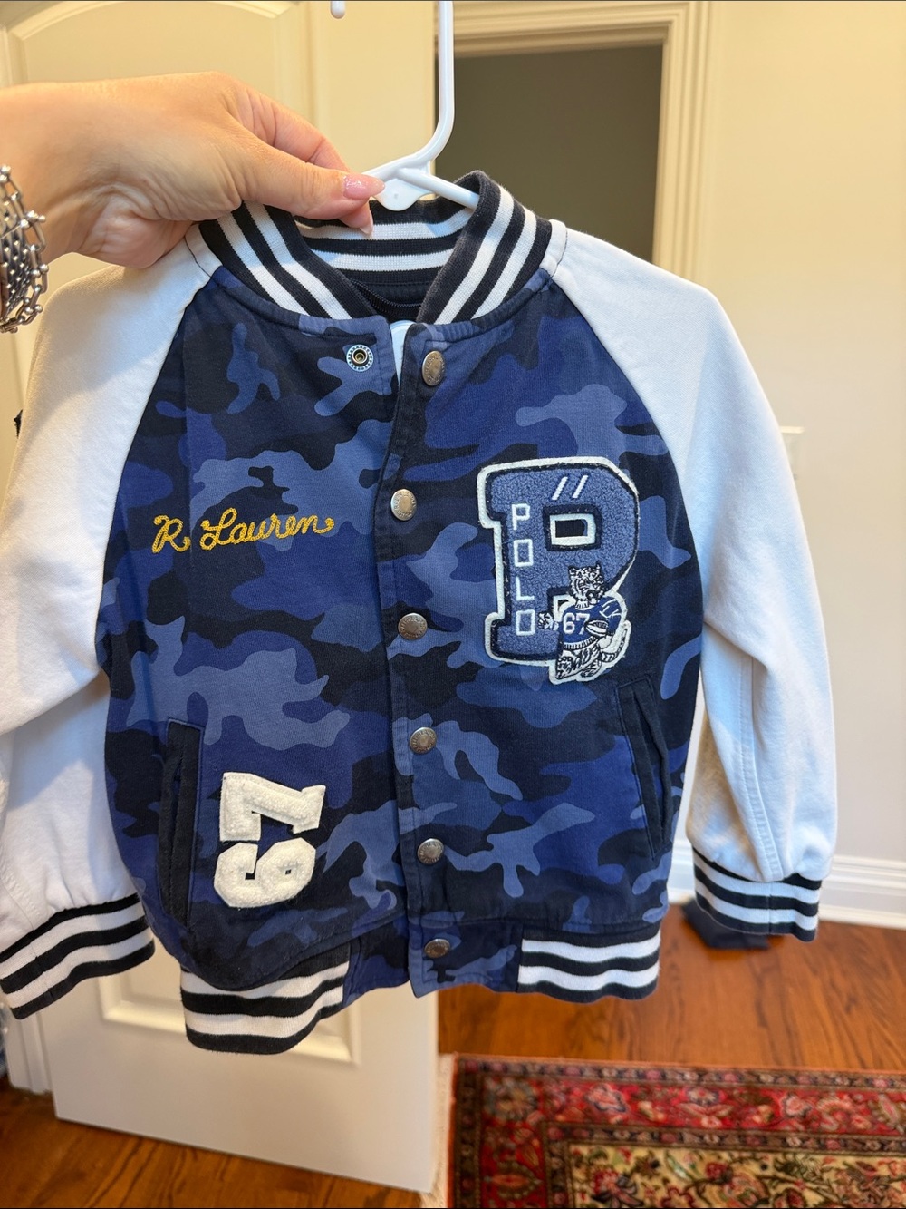 Ralph Lauren boys Navy Blue Camo Varsity Jacket with White Sleeves size 3t